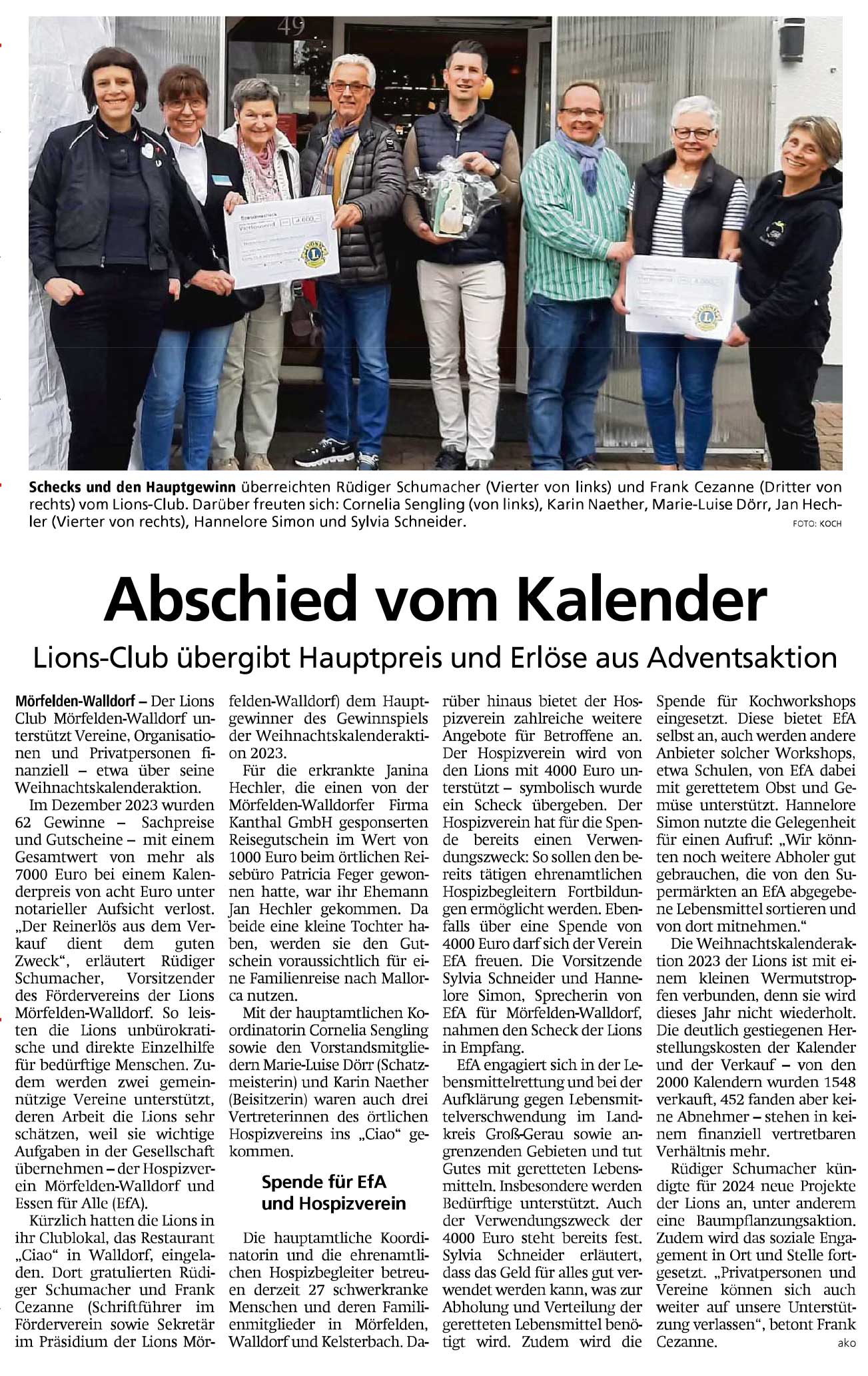 Scheckübergabe des Lions-Clubs Mörfelden-Walldorf an den Hospizverein Mörfelden-Walldorf e.V.
